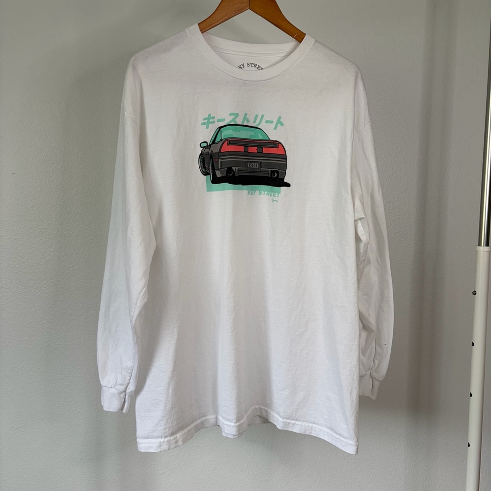 100% cotton Key Street White Long Sleeve Graphic Tee - Retro Car Print